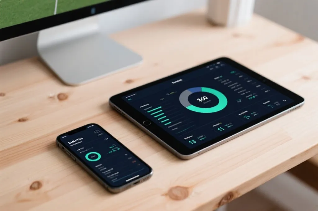 A modern smartphone and a tablet showing sleek sports analytics interfaces on a minimalist wooden desk