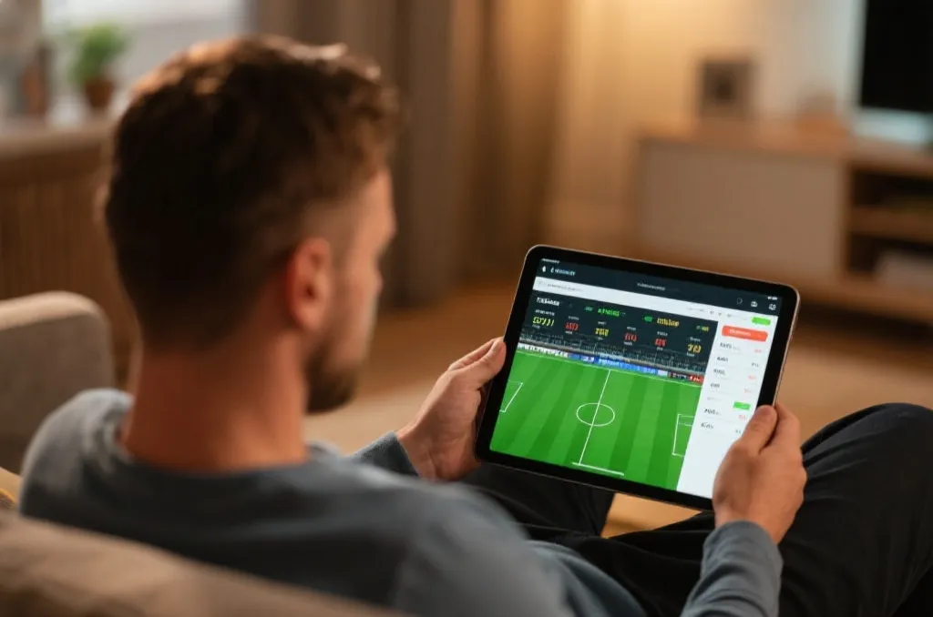 An analytical mind reviewing live football stats on a tablet screen in a cozy room